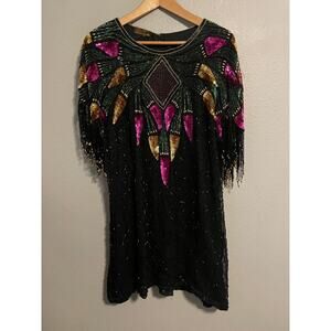 Vintage Allure Dress Womens Small Black Beaded Fringe Sequin Shift 80s READ